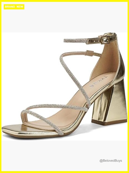 BLISSFUL STEP Rhinestone Strap Platform Stiletto High Heel  Rhinestone Strap High Heel Sandals Square Toe Chunky 3.15 Inch Heel